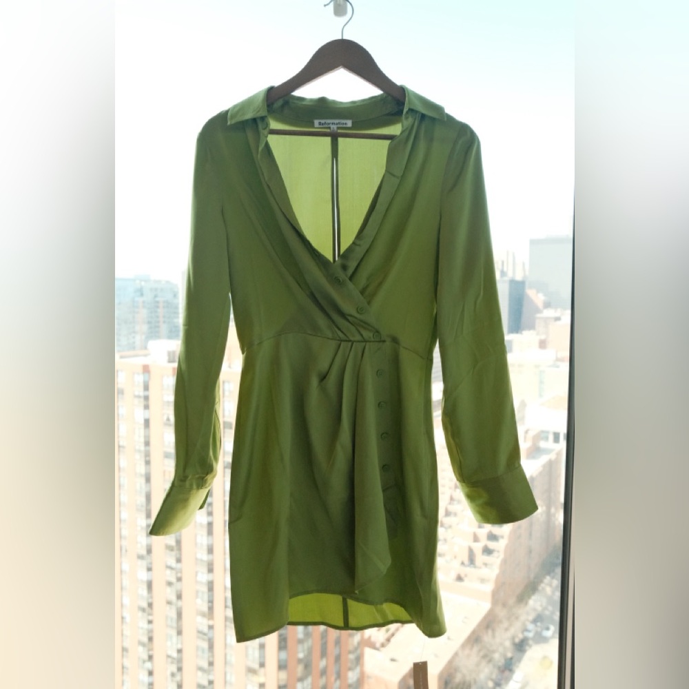Reformation Alaine Silk Mini Dress in Color Avocado Green